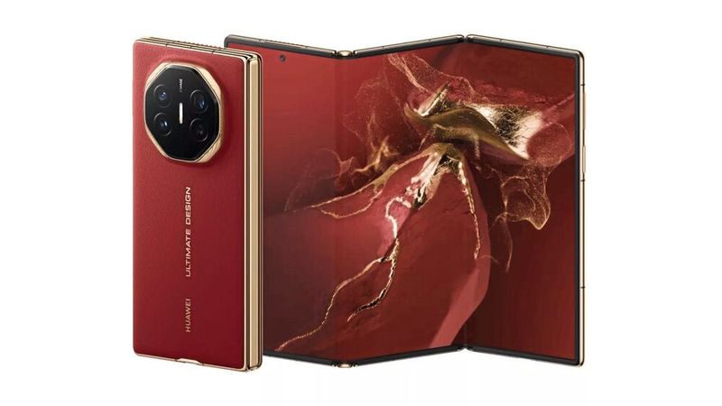 Huawei Mate X Ultimate Edition foldable smartphone in a red and gold finish, featuring a premium leather-textured back and a high-end quad-camera system.