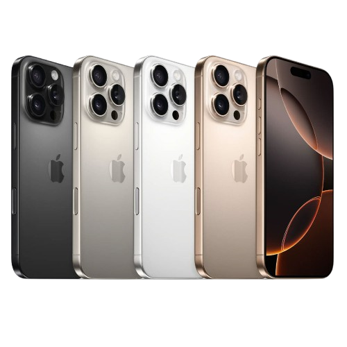 Apple iPhone Pro series in four color options: Black, Gold, Silver, and White. The image showcases the back of the phones with a triple-camera system and the front view featuring the Dynamic Island display.