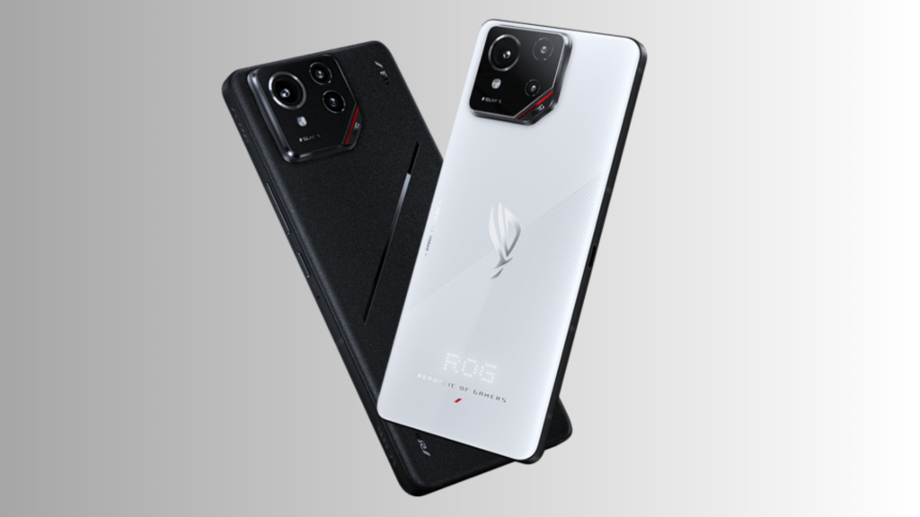 ASUS ROG Phone 9 and ROG Phone 9 Pro gaming smartphones displayed in black and white color options, featuring a triple-camera setup, a futuristic gaming design, and customizable LED lighting on the back.