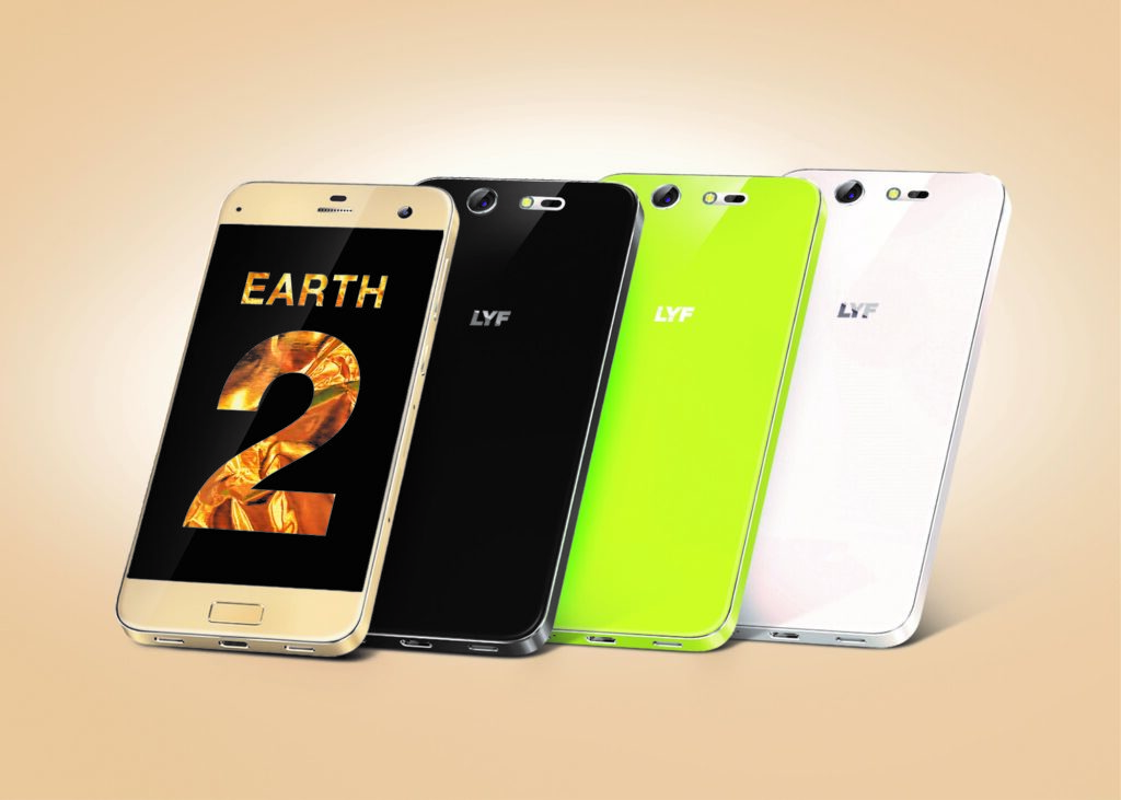 LYF Earth 2 smartphone series displayed in four color variants: gold, black, green, and white. The front screen shows 'Earth 2' branding, while the back showcases a glossy finish with a rear camera setup.