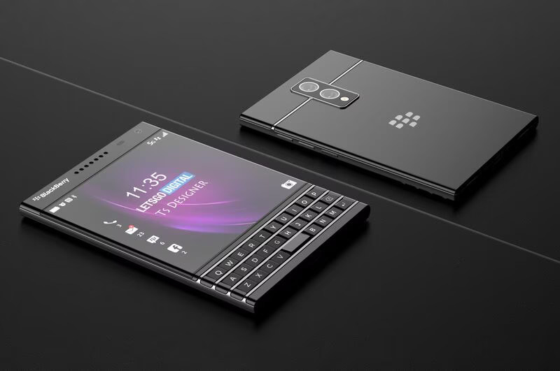 Concept render of the BlackBerry Passport 2025 edition, featuring a physical QWERTY keyboard, dual rear cameras, and a sleek black design.