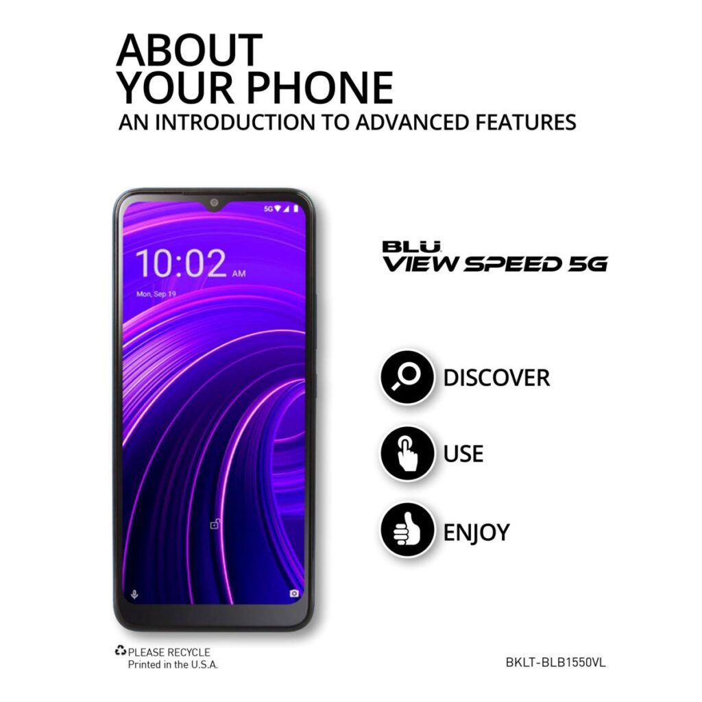 BLU View Speed 5G smartphone with a purple-themed display, showcasing key features such as 'Discover, Use, Enjoy.' The image emphasizes an introduction to the phone's advanced features.