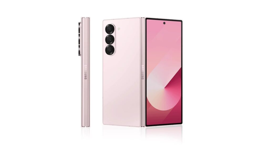 Samsung Galaxy Z Fold 6 in pink color, shown in various angles highlighting its foldable design, triple-camera setup, and large cover screen.