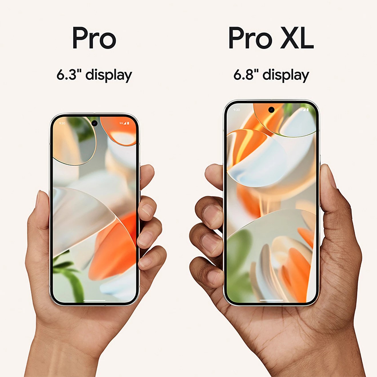 Comparison of two smartphones labeled Pro and Pro XL, featuring 6.3-inch and 6.8-inch displays. The image shows both models being held in hand, highlighting the screen size difference.