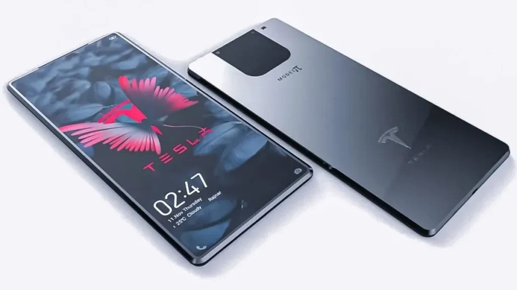 Tesla Model Pi smartphone concept with a futuristic design, featuring a sleek metallic body, Tesla branding, and a display showcasing a unique UI layout.