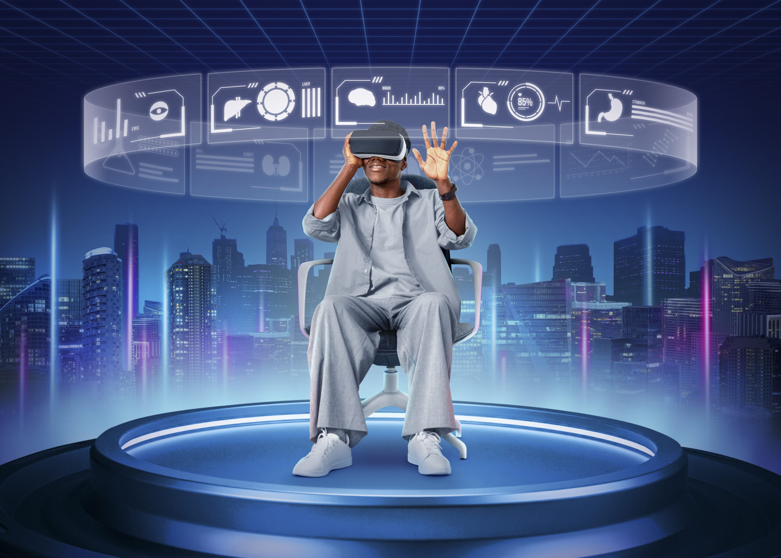 A man wearing a virtual reality headset sits on a futuristic platform, interacting with a digital interface displaying AI-driven medical and data analytics. The cityscape background and holographic elements highlight the concept of artificial intelligence vs machine learning in immersive technology.