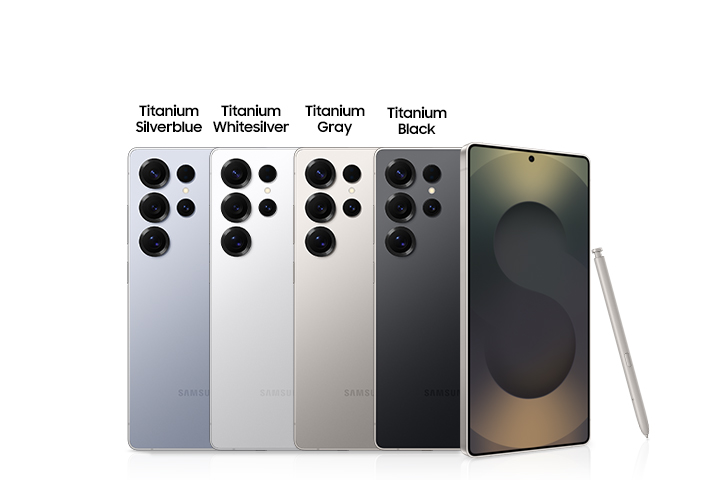 Samsung Galaxy S Ultra series in four titanium color options: Titanium Silverblue, Titanium Whitesilver, Titanium Gray, and Titanium Black. The image showcases the back of the phones highlighting the quad-camera setup and a front view displaying the large AMOLED screen, along with an S-Pen.