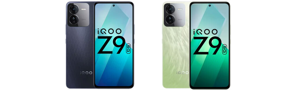 iQOO Z9 5G smartphone in two color variants, dark blue and light green, featuring a dual-camera setup, a large display with a punch-hole selfie camera, and bold branding on the screen.