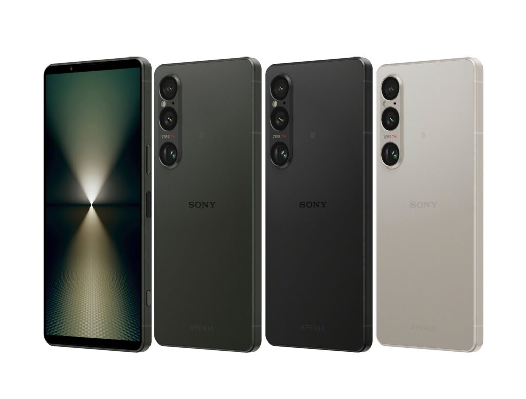 Front and back view of the Sony Xperia 1 VI smartphone in multiple colors, showcasing its triple-lens Zeiss T* camera system, tall OLED display, and minimalist design.